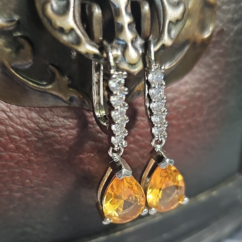 New Elegant Silver and Citrine Honey Color Teardrop Drop Earrings